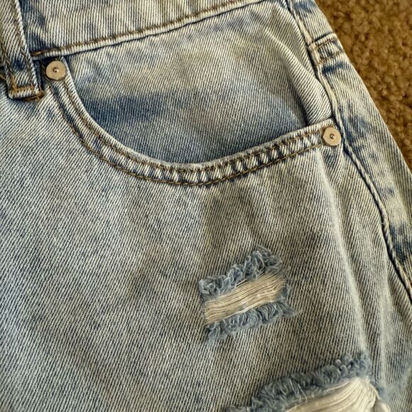 Indigo Rein Button Front Distressed Frayed Hem Denim Mini Jean Skirt Blue Size 7 - Picture 5 of 9